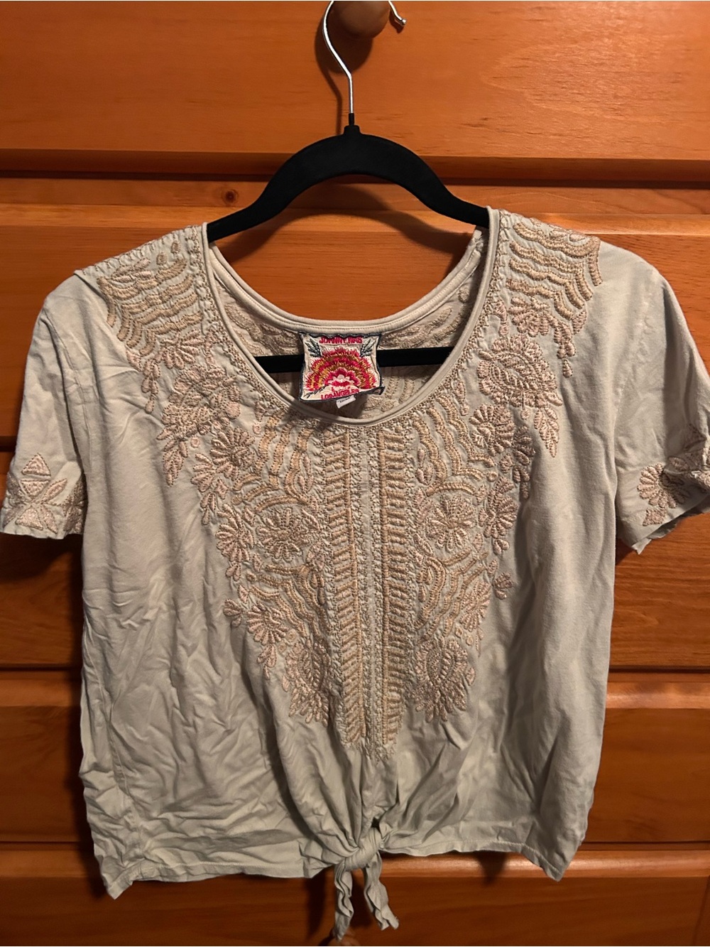 Johnny Wass Embroidered Tie-front Women’s Top - Light Sage/ Cream